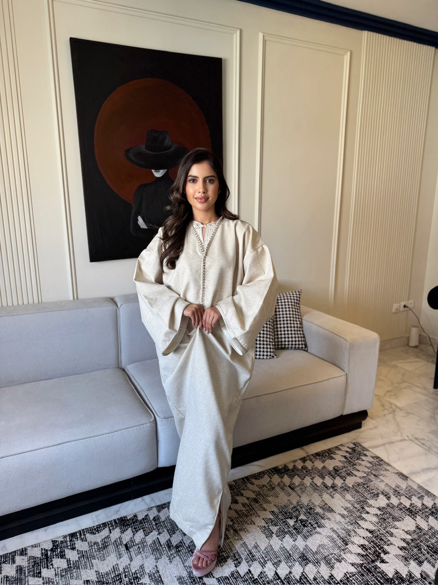 Elegant ivory caftan styled for Eid celebrations and special occasions