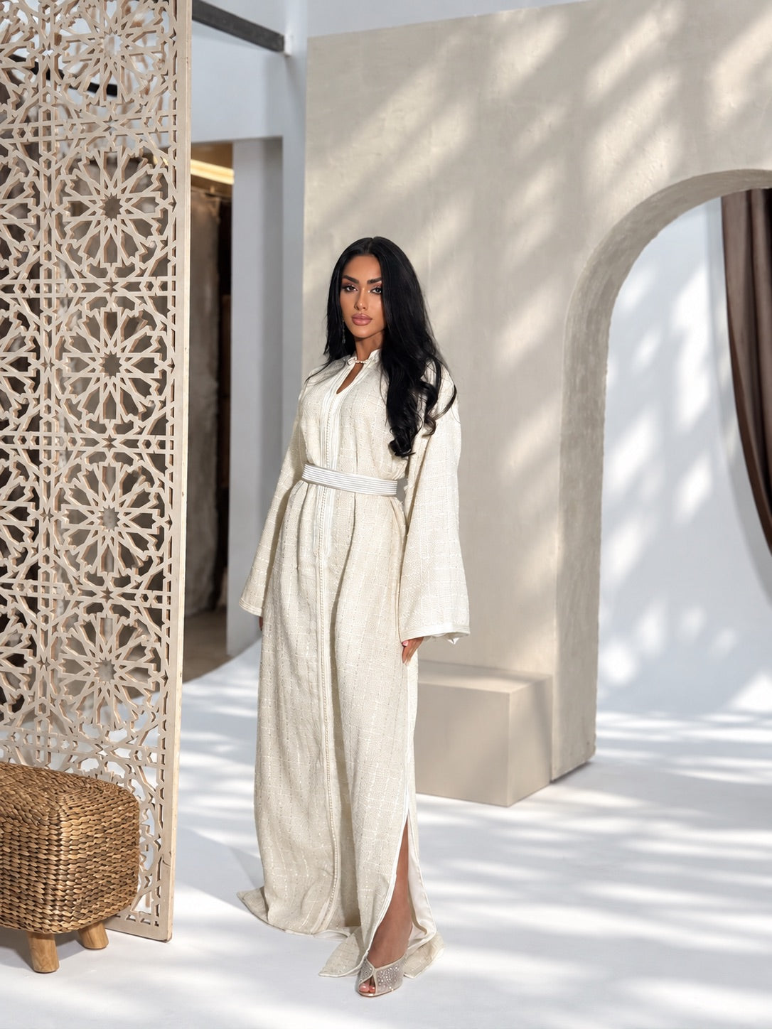 Ivory tweed Moroccan caftan for Eid weddings and engagements
