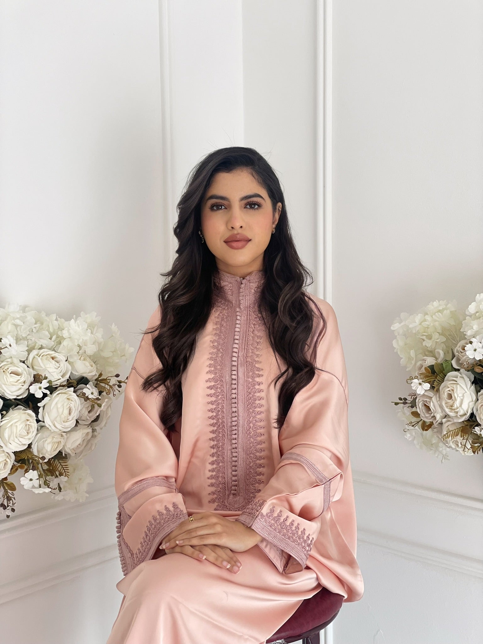 Soft salmon Moroccan gandoura Nisae with elegant flowing fit