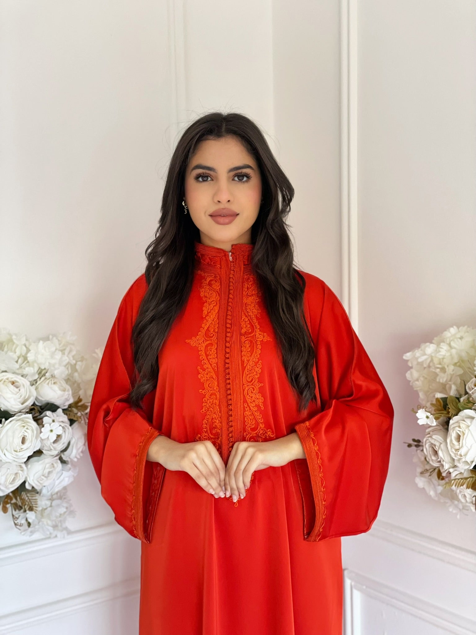 Vibrant orange Moroccan gandoura Joory with elegant flowing fit