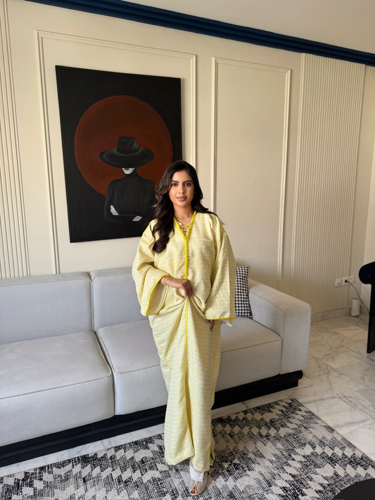 Full-length yellow occasion wear caftan styled for Eid celebrations and special events