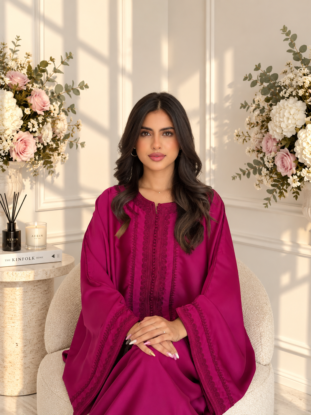 Model seated in fuchsia Gandoura Lamyae with contrasting dark embroidery along the front and wide sleeves