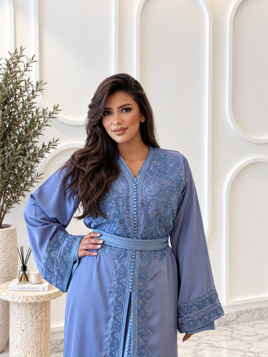 Blue dra de soie Takchita Elham with tonal embroidery and matching belt, close-up front view