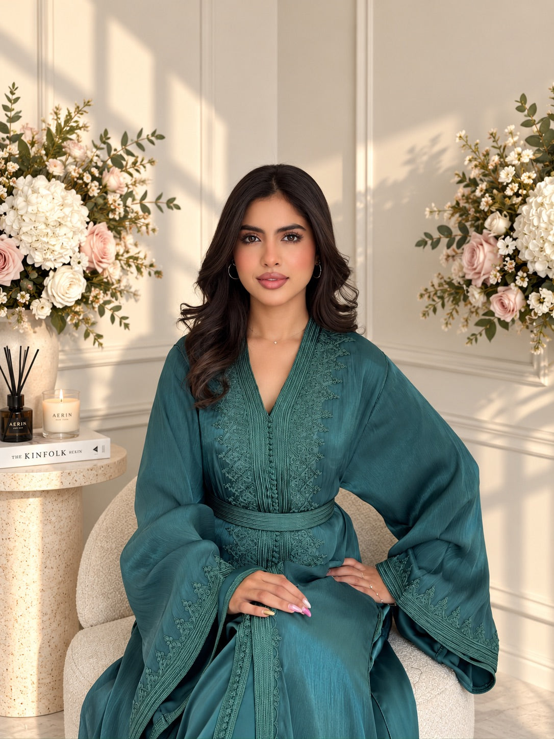 Model seated in teal Takchita Hanae with tonal embroidery along the neckline and wide cuffs