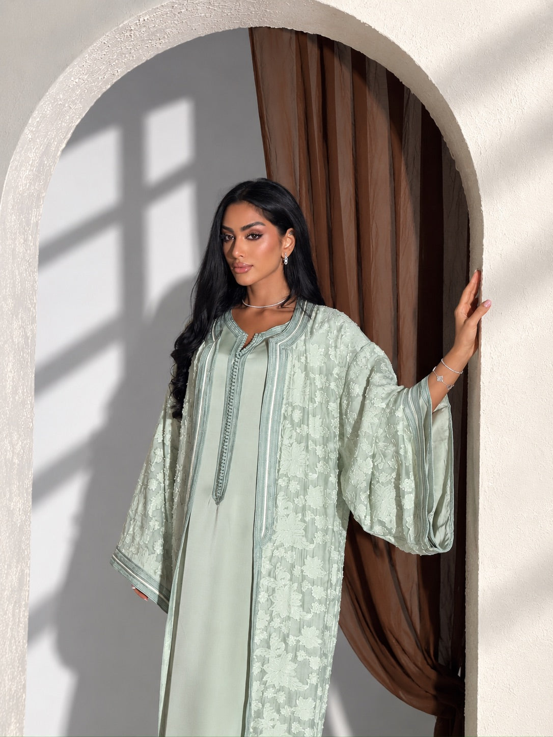 Elegant mint Moroccan kaftan two-piece with traditional detailing