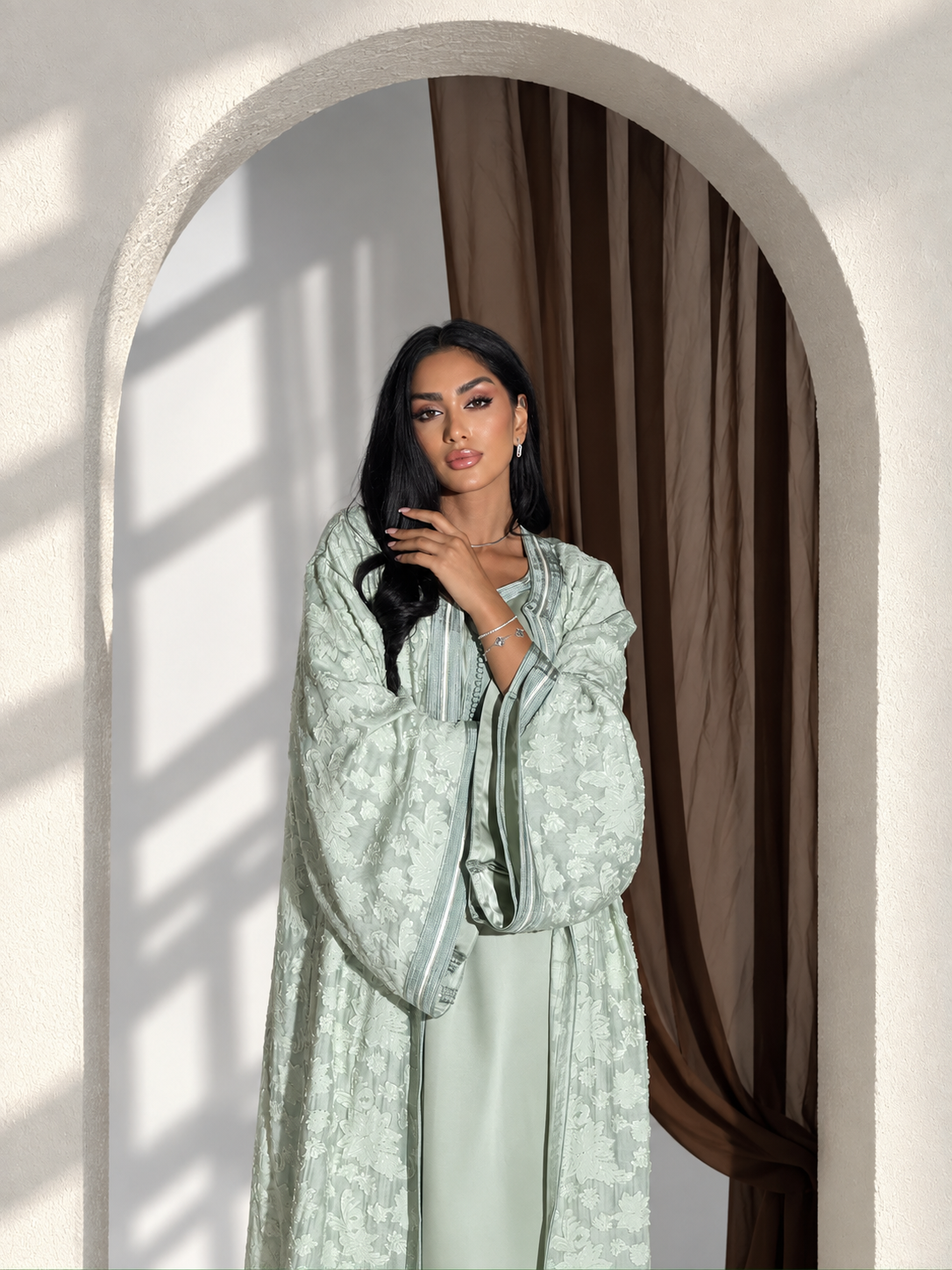 Luxury mint green two-piece Moroccan caftan with floral detailing