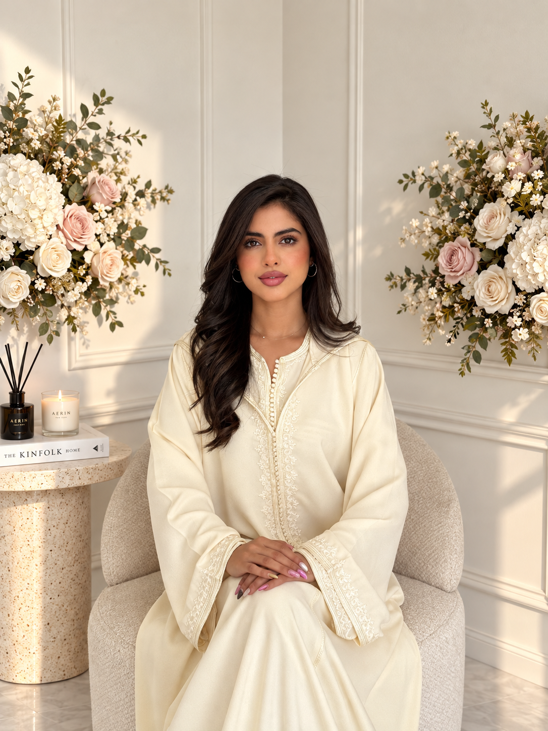 Model seated in ivory Jellaba Sofia with tonal embroidered trim along the neckline and cuffs