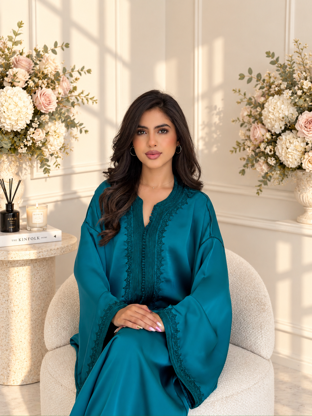 Model seated in teal Gandoura Nayla with darker embroidery framing the neckline, front and cuffs