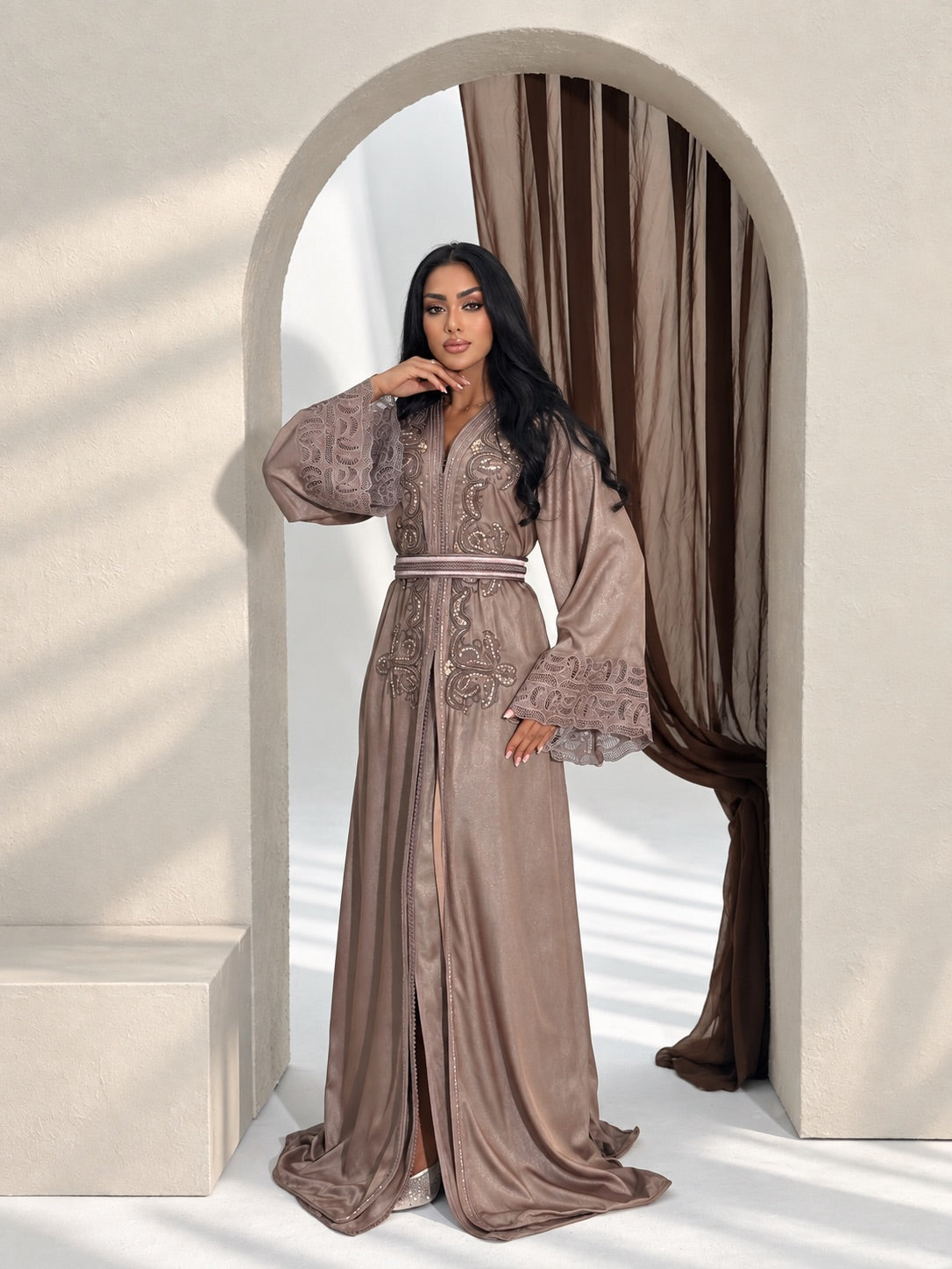 Elegant taupe Moroccan takchita dress with traditional detailing