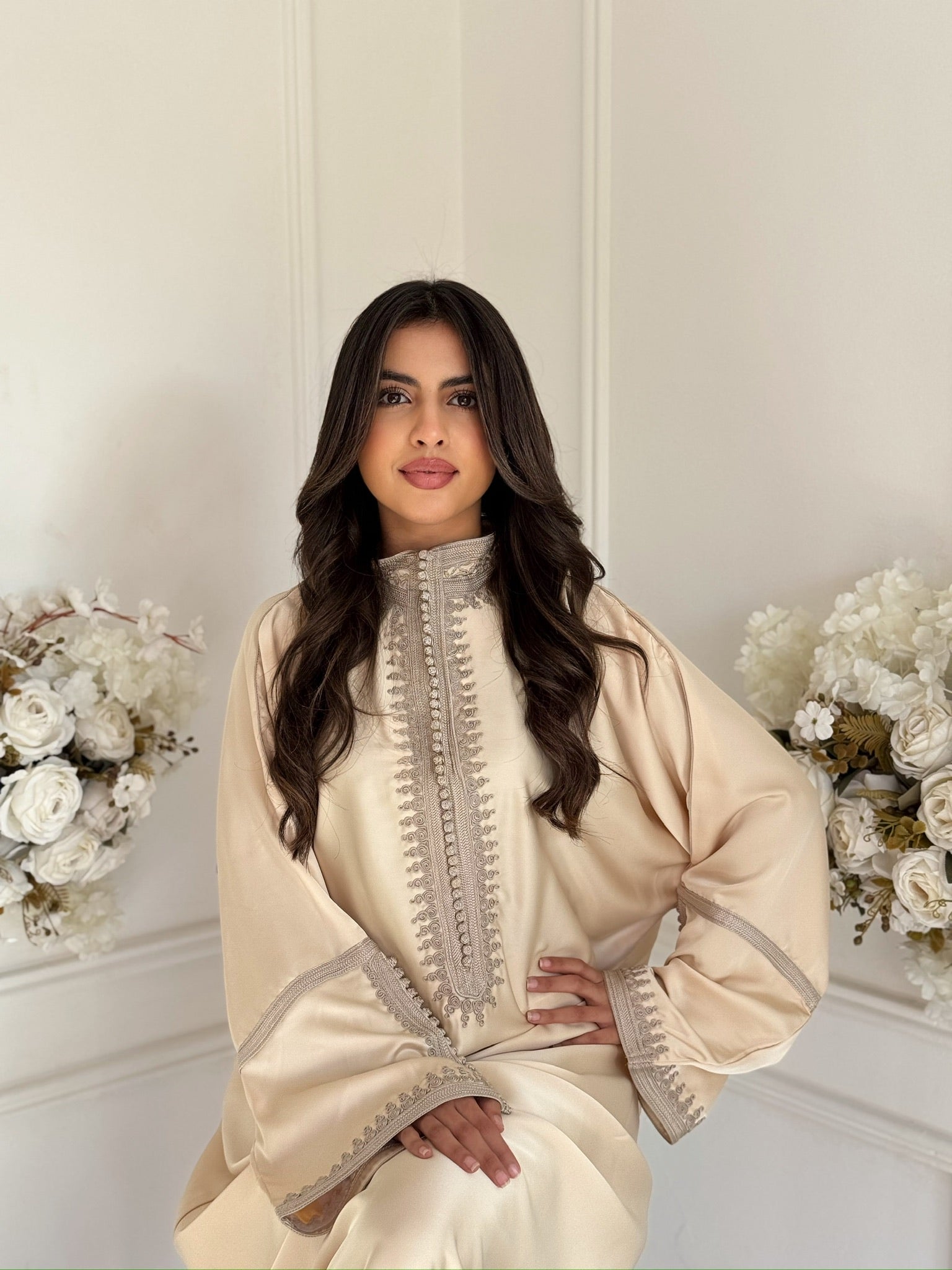 Elegant luxury gandoura for women in ivory – modest Ramadan and Eid outfit
