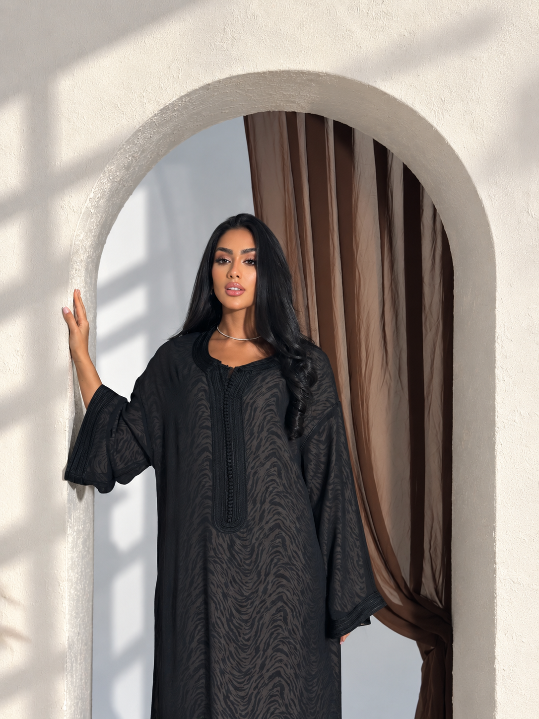 Luxury black Moroccan gandoura with traditional detailing