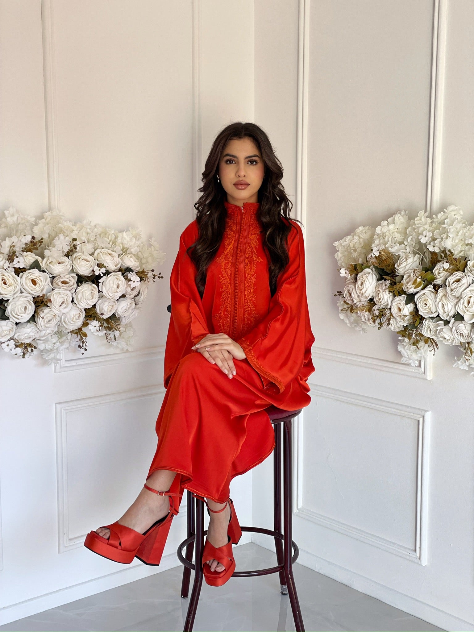 Moroccan satin gandoura Joory in bold orange for women