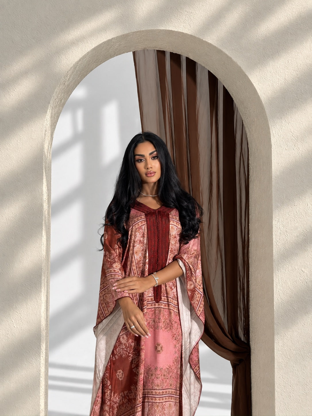 Luxury rose Moroccan gandoura dress with ornamental print