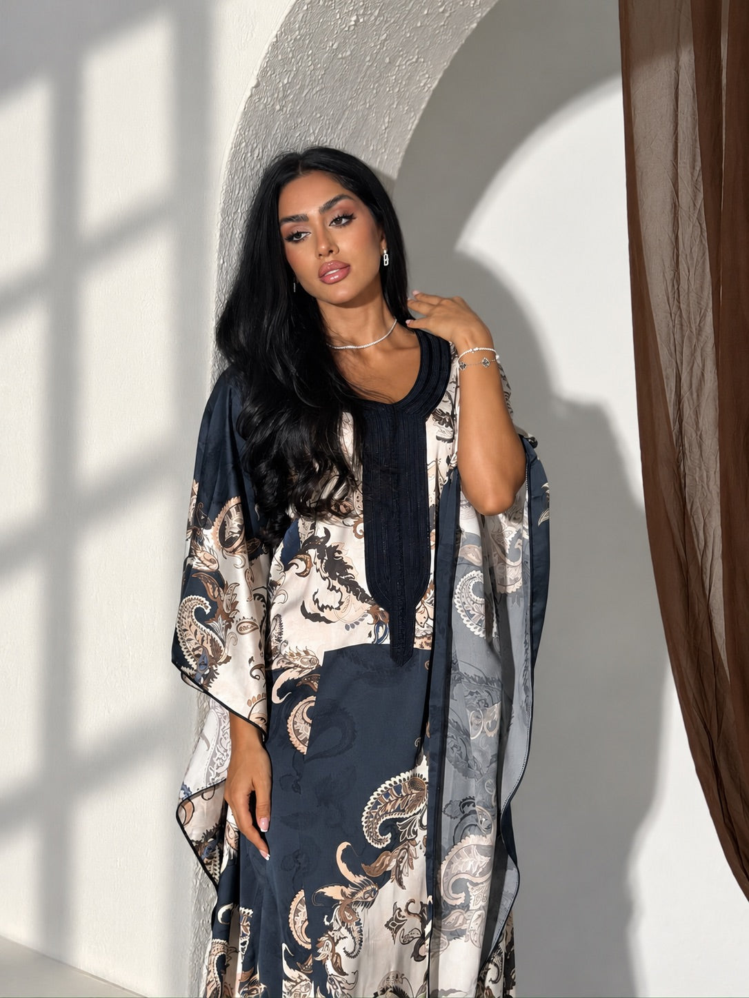 Luxury Moroccan gandoura with navy beige paisley print