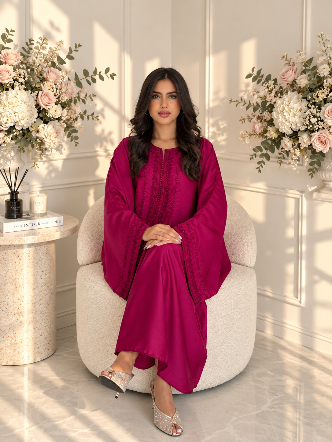 Full-length seated view of fuchsia Moroccan Gandoura Lamyae in drap de soie with a relaxed silhouette