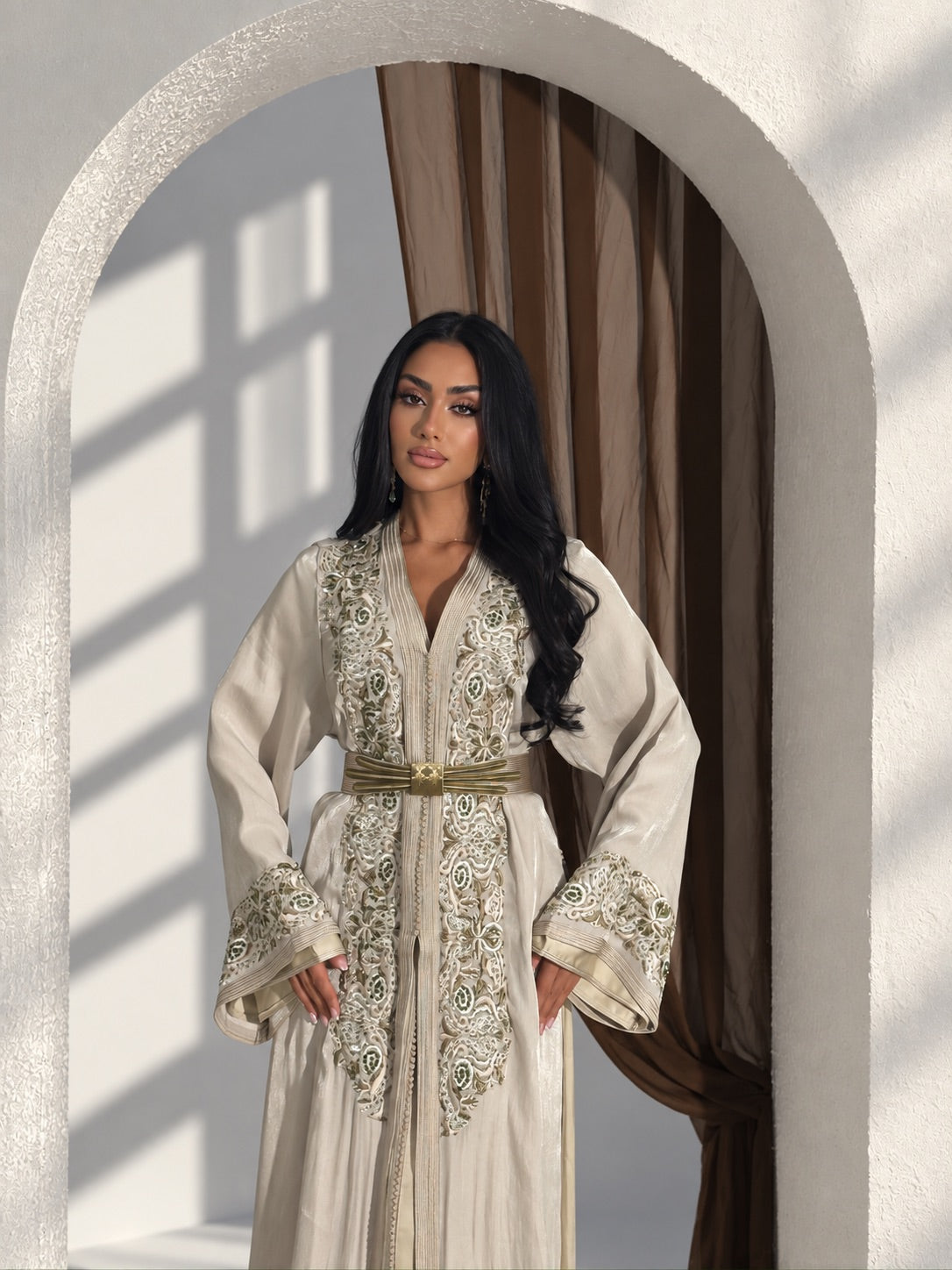 Luxury ivory two-piece Moroccan takchita with gold belt