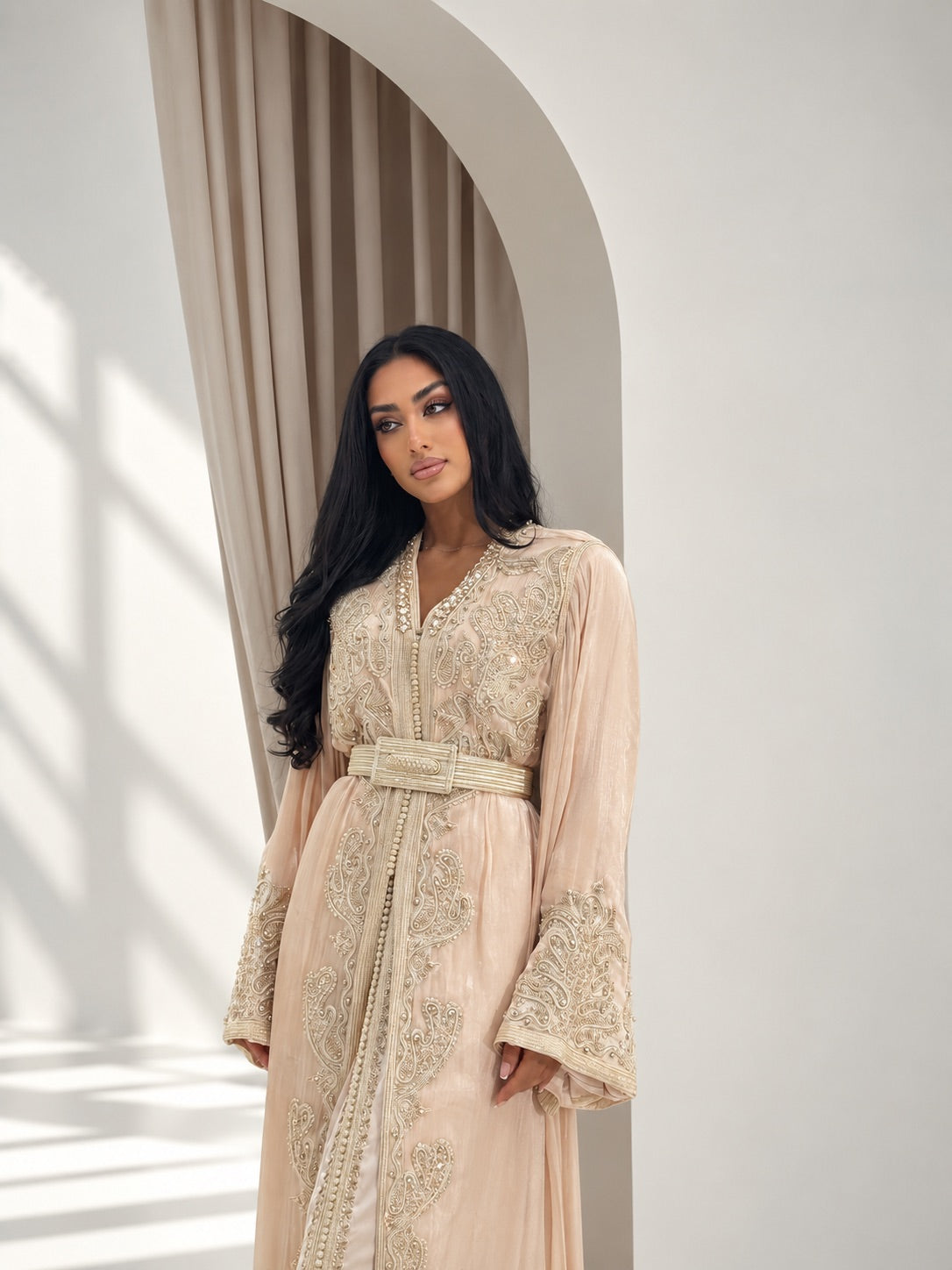 Luxury blush beige two-piece Moroccan takchita with matching belt

