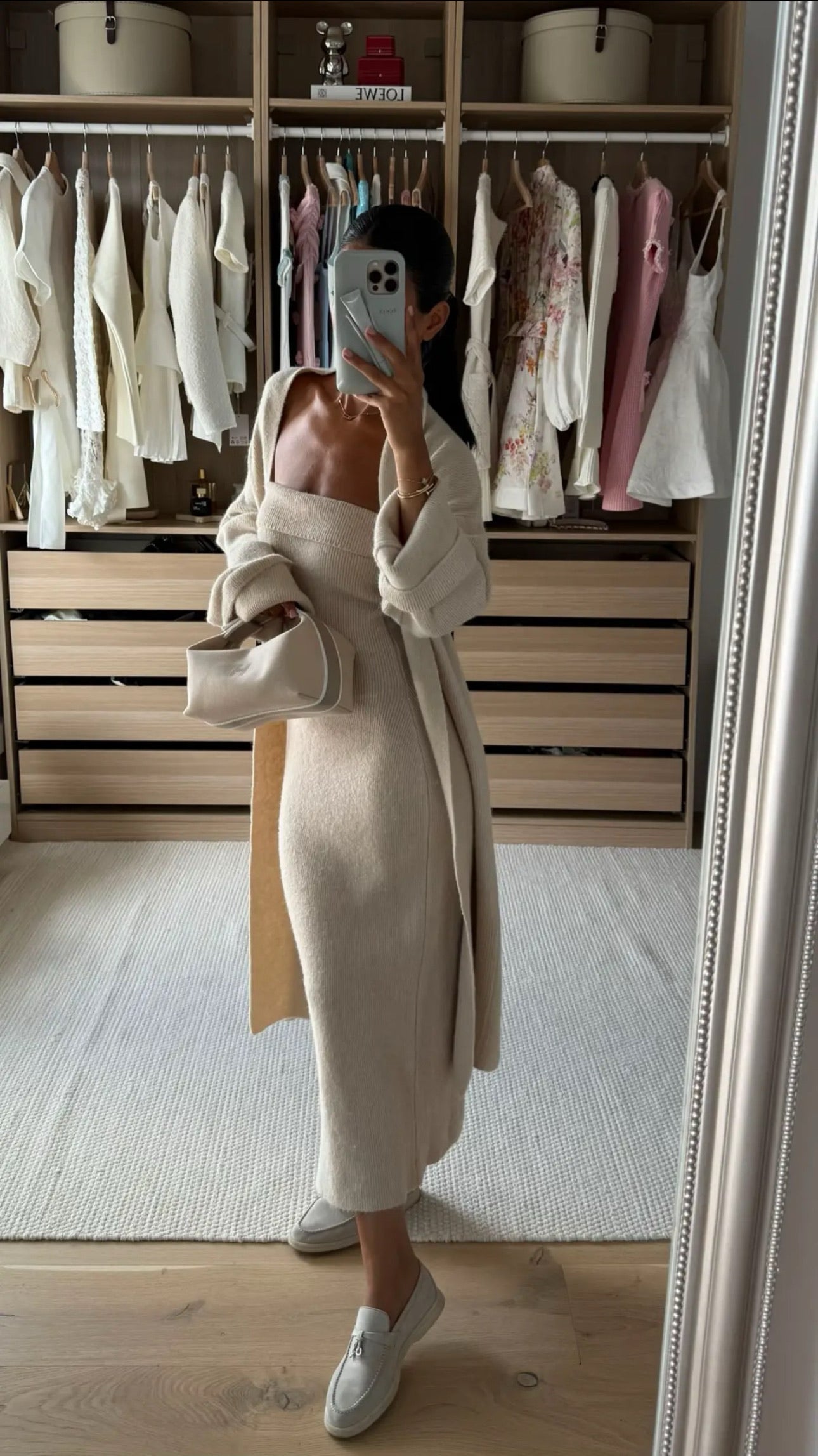 Luxury beige knitted dress set for women, featuring a strapless body-contouring maxi dress with matching long cardigan