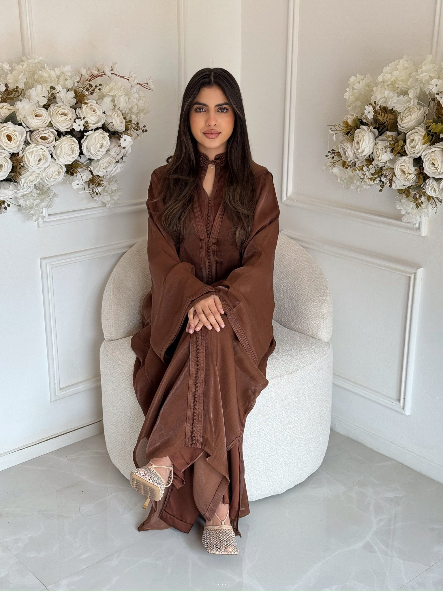 Full-length luxury jellaba with elegant modest fit in brown