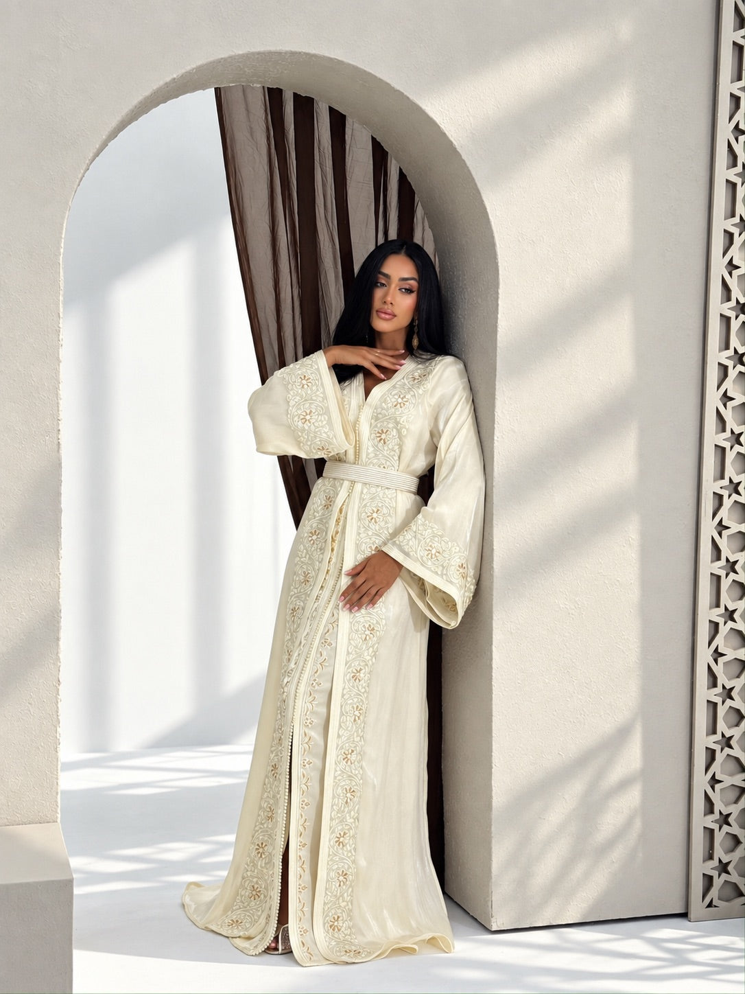 Elegant ivory Moroccan takchita dress with matching belt