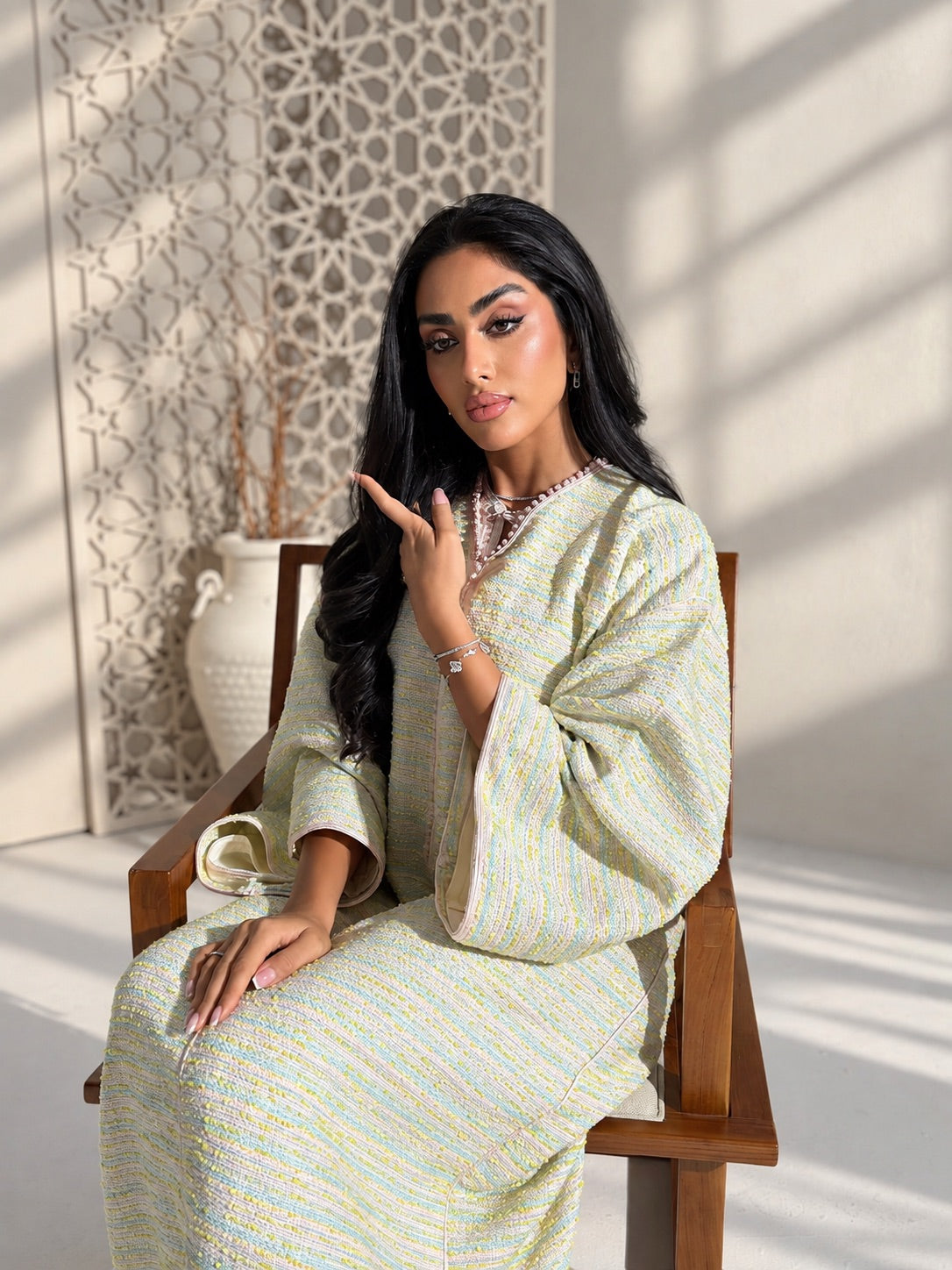 Luxury pastel tweed Moroccan caftan with wide sleeves