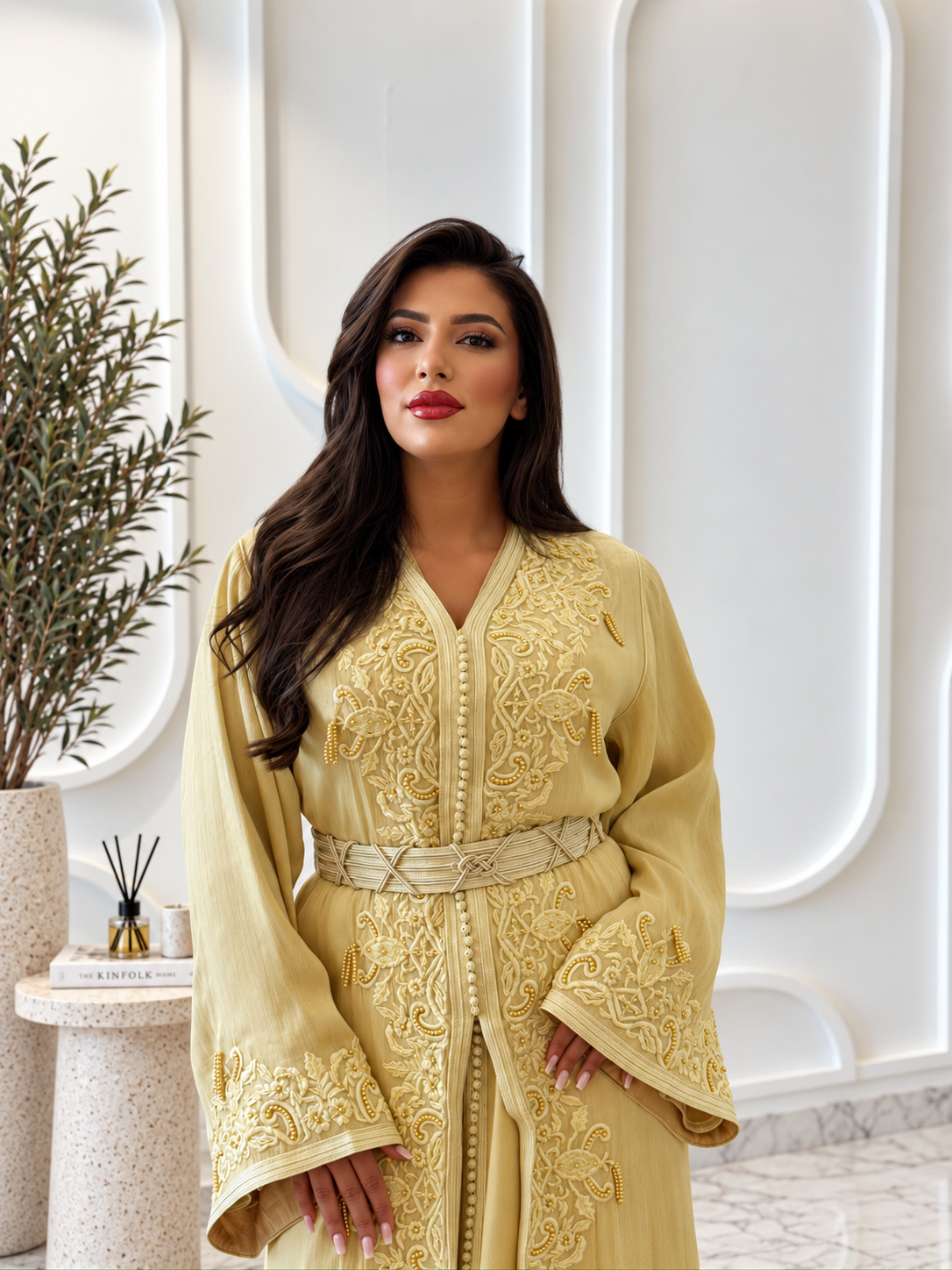Gold organza Takchita Dahab with embroidered neckline and matching belt, close-up front view