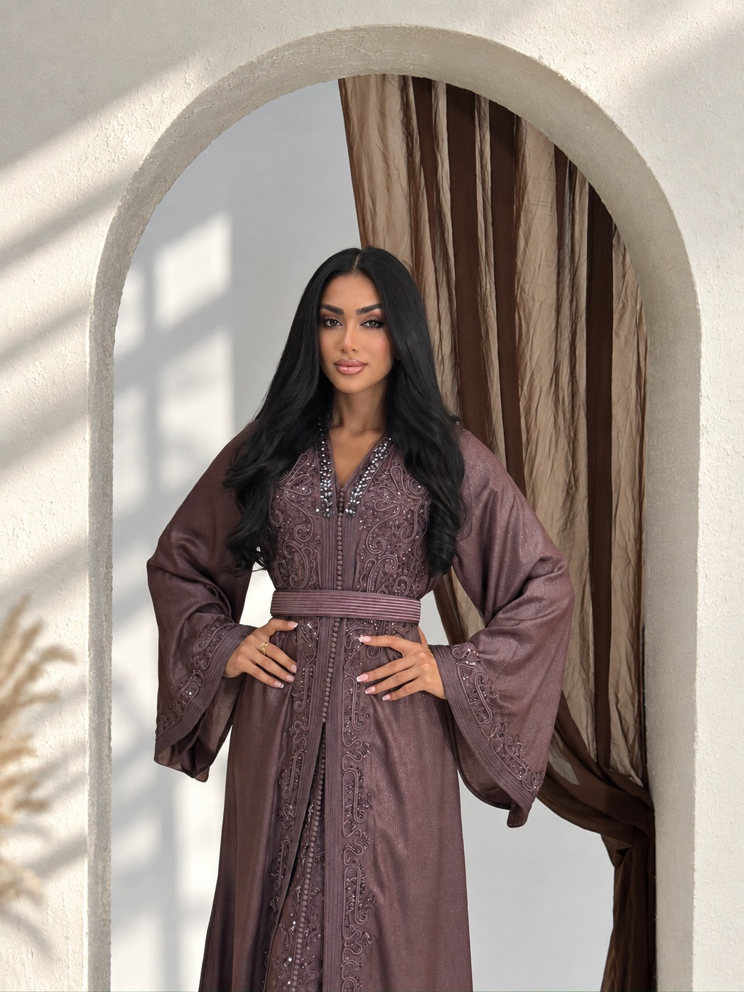 Luxury mauve brown two-piece Moroccan takchita with matching belt
