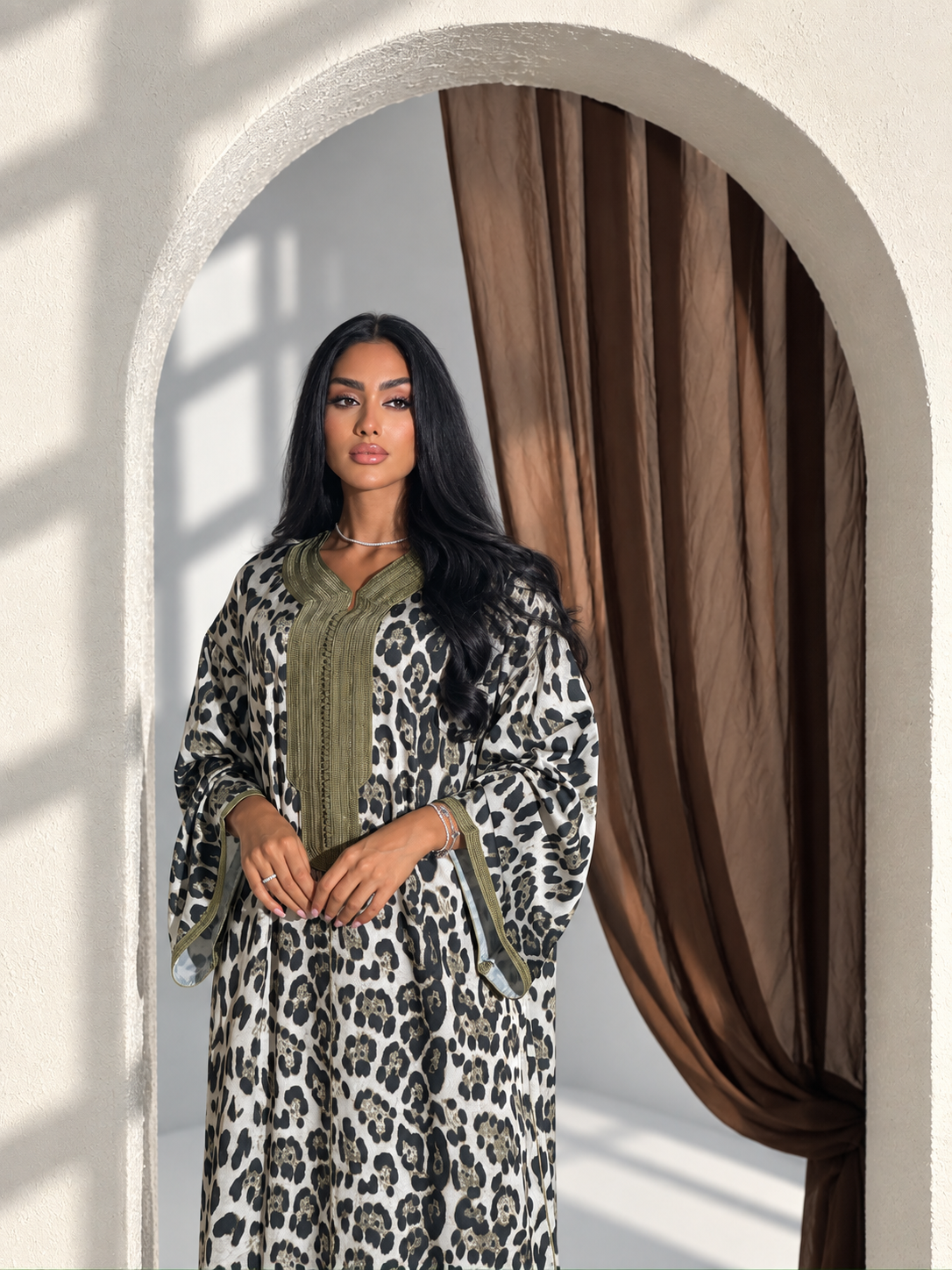 Luxury leopard print Moroccan gandoura with gold detailing