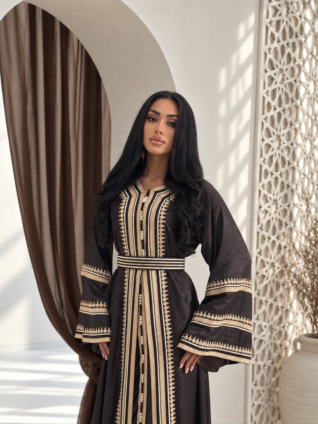Luxury black Moroccan takchita with gold detailing and belt