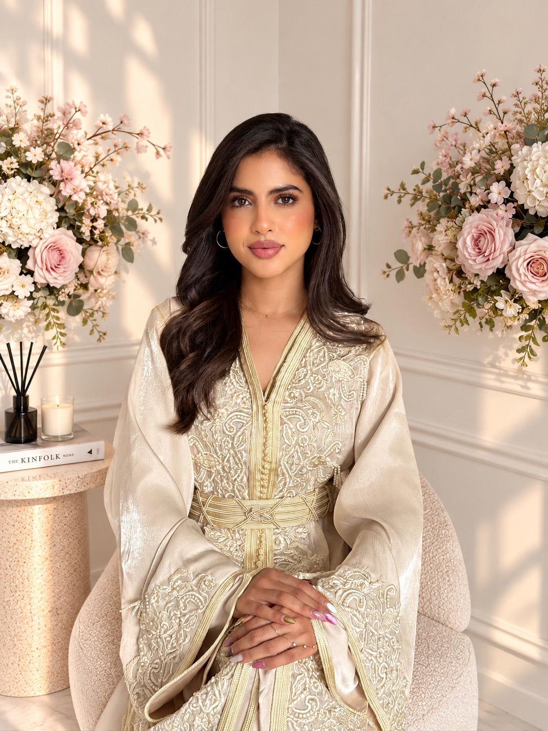 Model seated in champagne organza Takchita Mouna with an embroidered bodice and wide cuffs