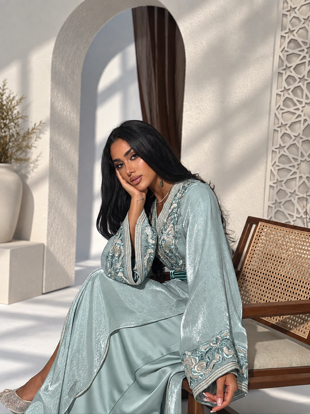 Elegant blue Moroccan takchita dress with matching belt