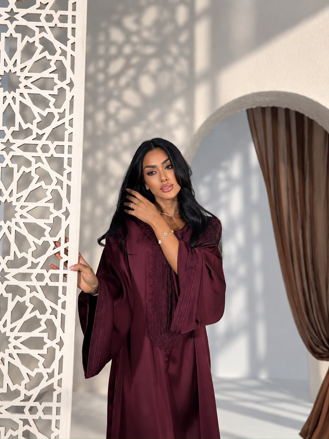 Luxury burgundy Moroccan gandoura with elegant tonal detailing