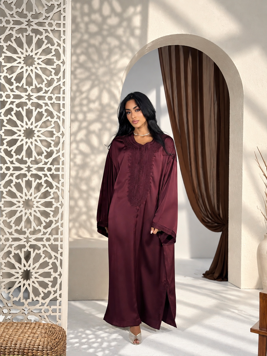 Burgundy Moroccan gandoura dress with flowing wide sleeves