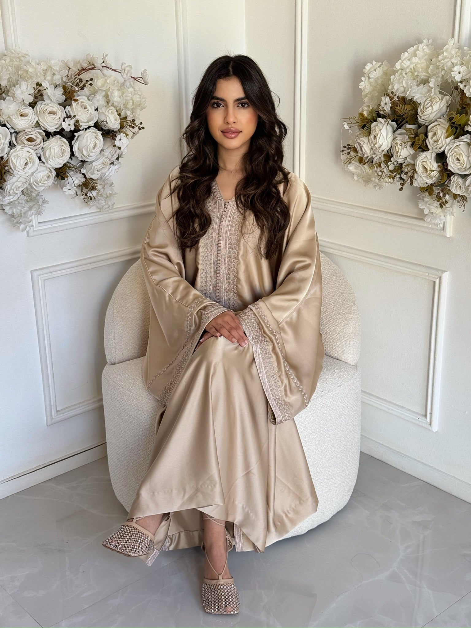 Full-length luxury gandoura with elegant modest fit for women
